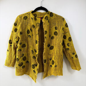 Save The Queen Yellow Silk Cotton Abstract Lace Funky Cardigan Top Women Large